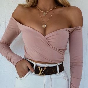 Off the shoulder rouched long sleeve wrap crop